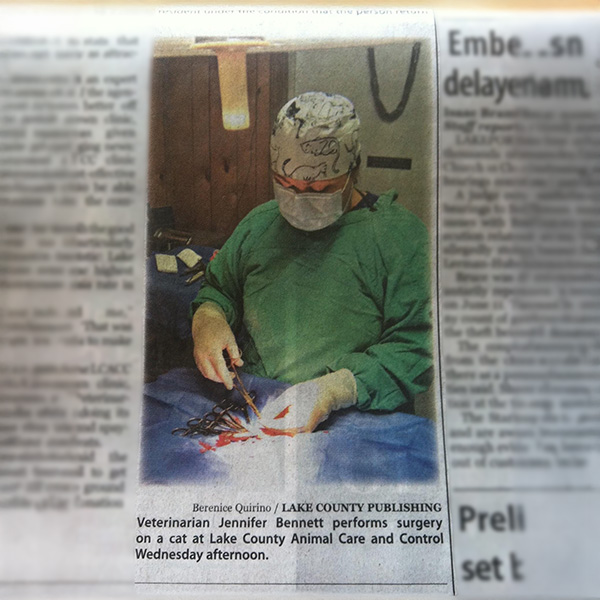 Newspaper clipping with caption "Veterinarian Jennifer Bennett performs surgery on a cat at Lake County Animal Care and Control Wednesday afternoon"